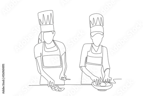 Two women who are learning to cook. Cooking classes concept one-line drawing