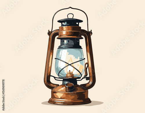 Vintage Camping Lantern with Lit Flame – Vector Illustration