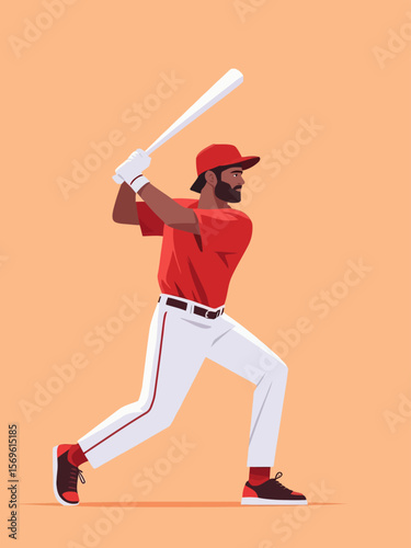 A baseball player in a red uniform swinging a bat with intensity in a minimal flat design