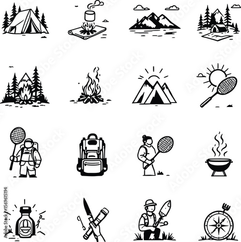 Camping and outdoor adventure icons set with tent, campfire, mountains, and recreational activities