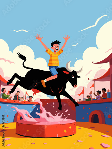  A joyful boy riding a mechanical bull with raised arms