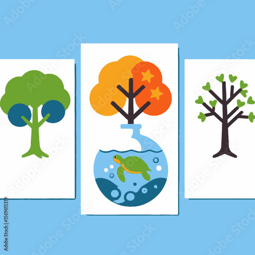 Colorful Tree Illustrations for Kids Room Decor- Nature Art Prints for Children's Nursery- Unique Wall Art with Turtle and Heart Shaped Leaves