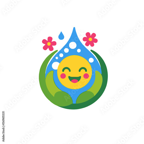 Cute Water Conservation Illustration-Happy Water Drop Character with Flowers and Green Leaves-Promote Environmental Awareness and Sustainability-Save Water Today