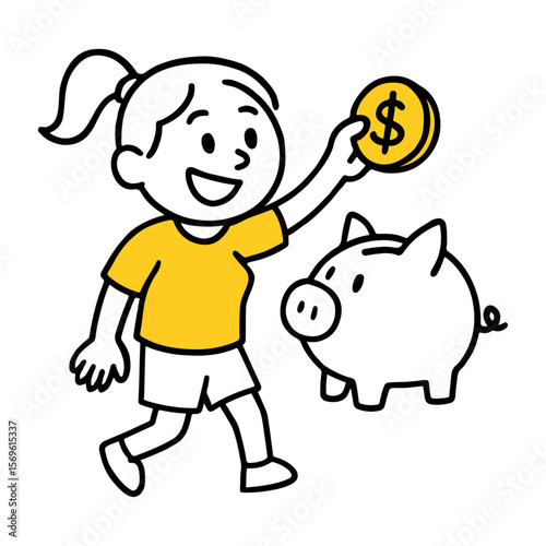 Girl Saving Money with Piggy Bank. Coin Deposit, Financial Education. Doodle Style Kid Vector Illustration