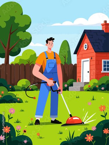  A man using a grass trimmer in a green yard wearing an orange shirt and blue overalls