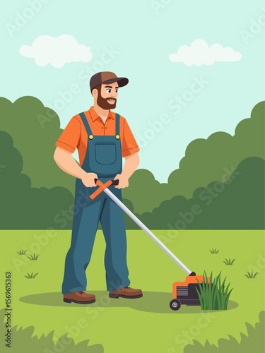 A man using a grass trimmer in a green yard wearing an orange shirt and blue overalls