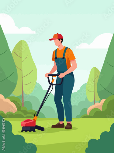  A man using a grass trimmer in a green yard wearing an orange shirt and blue overalls