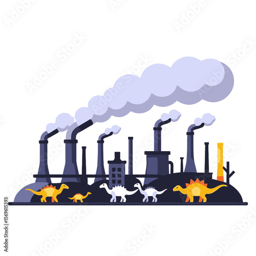 Dinosaurs in a Polluted World-Factory Emissions Impacting Wildlife-Environmental Concerns-Fossil Fuel Era-Climate Change Illustration-Extinct Species-Endangered Animals