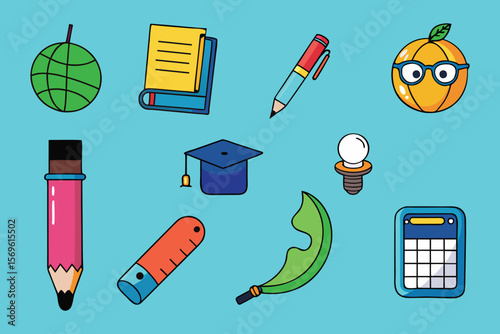 Colorful back to school icons with handwritten doodle look