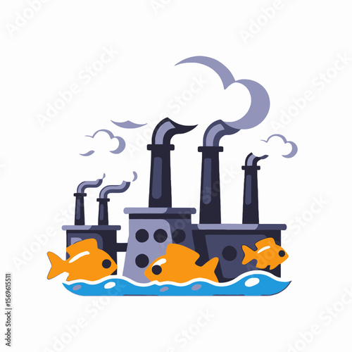 Environmental Pollution Illustration-Factory Emissions Affecting Fish-Air and Water Pollution Concept-Industrial Impact on Aquatic Life-Environmental Awareness Image