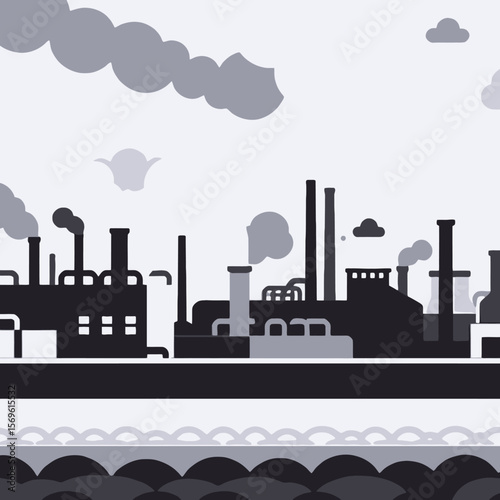 Factory Emissions-Pollution from Industrial Plants-Environmental Concerns-Smoke Stacks and Air Quality-Climate Change and Manufacturing-Gray Scale Illustration of Industry Impact