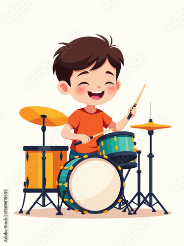  A young boy joyfully playing a colorful drum set in a flat 