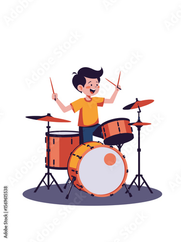  A young boy joyfully playing a colorful drum set in a flat 