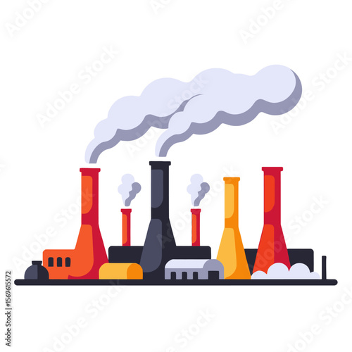 Factory Illustration with Smoke Stacks-Industrial Plant Emissions-Pollution and Environmental Concerns-Climate Change Visual-Manufacturing and Production Concept