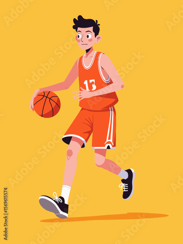  A young male basketball player in an orange jersey dribbling a basketball 
