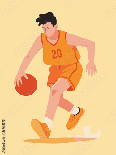  A young male basketball player in an orange jersey dribbling a basketball 