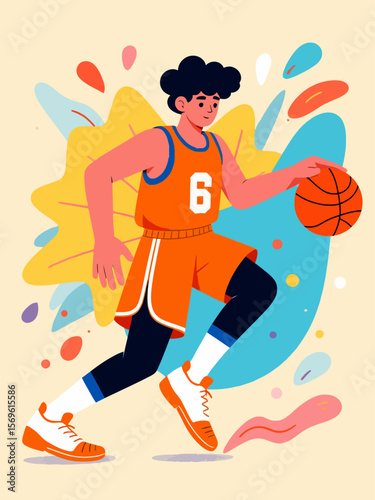  A young male basketball player in an orange jersey dribbling a basketball 