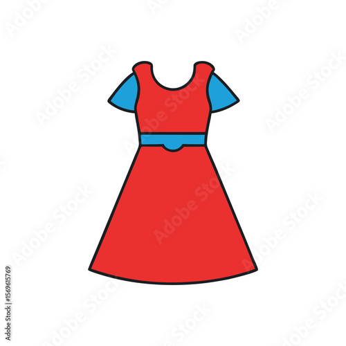 A red dress with blue short sleeves is shown