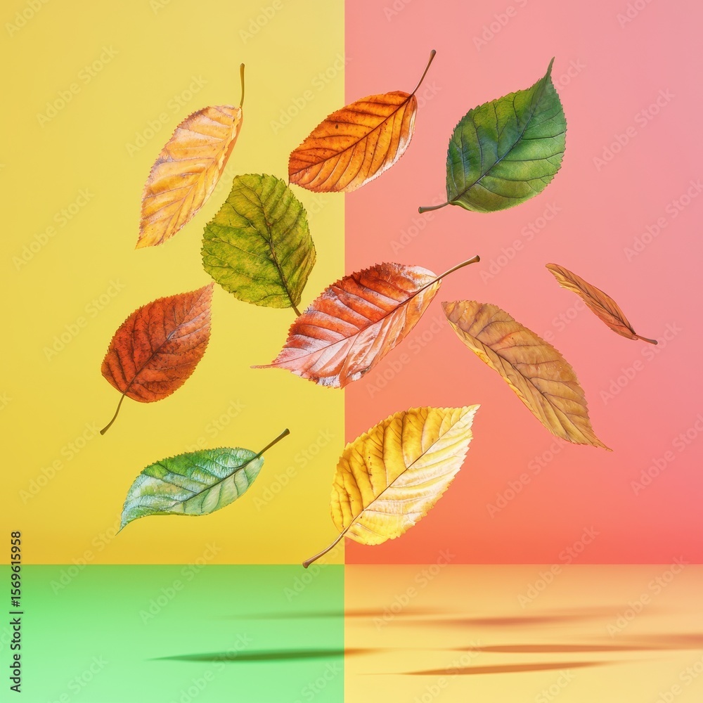 Fototapeta premium Spectrum of leaves scattering across a gradient rainbow backdrop, uplifting mood, 3D illustration
