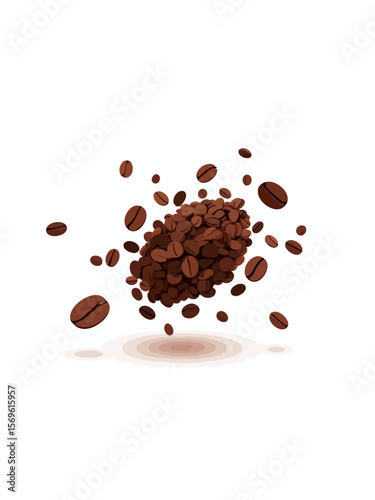  Bunch of Coffee Beans Floating and Flying on White Background