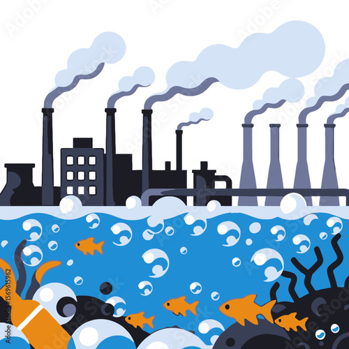 Industrial Pollution Impact on Aquatic Life Illustration-Factory Emissions Affecting Water Quality-Environmental Degradation Depicted with Fish and Bubbles