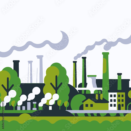 Industry Pollution Illustration- Factory Emissions and Impact- Environmental Awareness Image- Green Energy Solutions and Sustainability- Industrial Area with Smoke Stacks