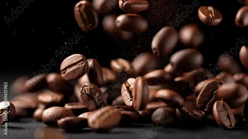 Close up of fresh roasted coffee beans falling