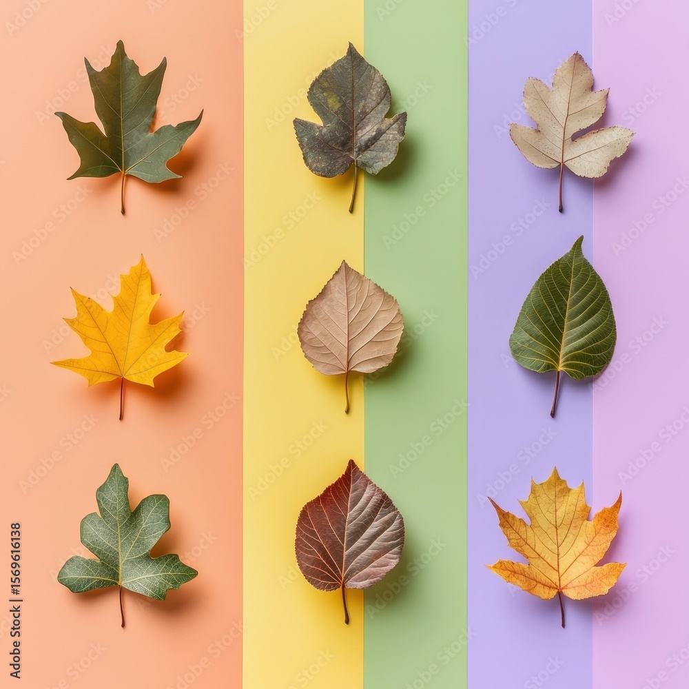 Obraz premium Spectrum of leaves scattering across a gradient rainbow backdrop, uplifting mood, 3D illustration