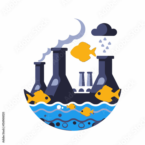 Pollution harming aquatic life-Illustrative art showing industrial emissions impacting fish and water quality-Visual representation of environmental issues from factories