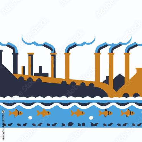 Pollution Illustration-Industrial Factories-Water Contamination-Environmental Issues-Toxic Waste-Ecological Damage-Impact on Aquatic Life-Graphic Design for Awareness