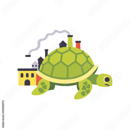 Pollution Impact on Turtles-Environmental Concerns Illustration-Factories Affecting Marine Life-Turtle Suffering from Industrial Pollution-Climate Change Threatens Wildlife
