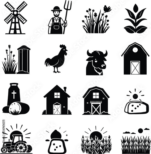 Farm agriculture vector icons set farming rural landscape elements black and white illustration design