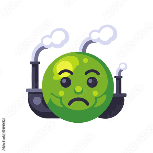 Sad Earth with Pollution-Cartoon Depiction of Environmental Concerns-Factories Emiting Smoke-Visual Metaphor for Climate Change and Industrial Impact on Green Planet