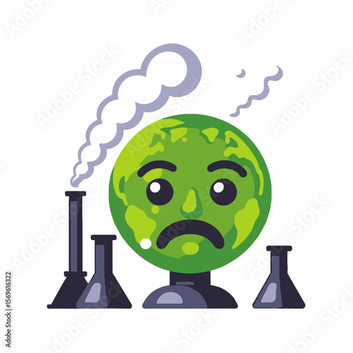 Sad Earth Cartoon Illustration- Climate Change Pollution with Factory Smoke- Save the Planet Environmental Awareness- Global Warming Concerns- Eco Friendly Solutions