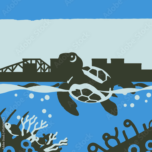 Save the Sea Turtles-Protect Marine Life-Cartoon Sea Turtle Swimming near City-Ocean Pollution Awareness-Environmental Conservation-Cute Turtle Illustration