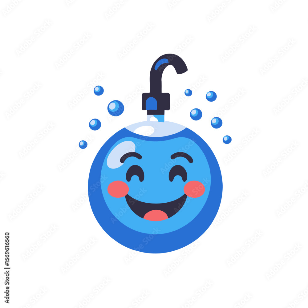 Obraz premium Smiling Water Drop Cartoon-Cute Blue Water Character with Faucet-Animated Hydration Icon-Fun Water Illustration-Playful Water Mascot-Refreshing Design