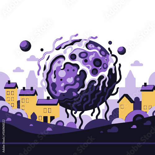 Sci-Fi Cityscape Art-Abstract Alien Invasion-Dreamlike Vector Illustration-Purple Tentacled Orb Over Town-Modern Home Threat Concept-Unique Surreal Design