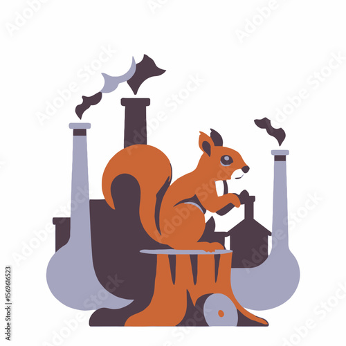 Squirrel in Polluted Environment Illustration- Environmental Concerns Artwork- Wildlife Affected by Factory Emissions- Nature and Industry Conflict Depiction