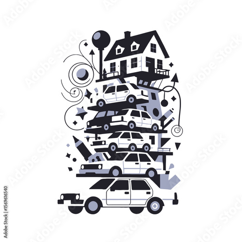 Stacked Cars and a House Illustration- Whimsical Design with Cars and a Home- Fun Art Print Featuring Cars and Architecture- Black and White Car Stack Image