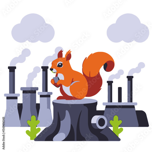 Squirrel on a Stump-Pollution Illustration-Environmental Concerns Depicted-Climate Change Imagery with Wildlife-Factory Smoke Stacks and Animal Habitat-Save the Planet Art