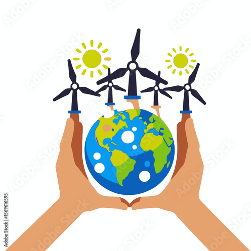 Sustainable Energy Solutions-Hands Holding Globe with Wind Turbines and Sun-Clean Energy for a Healthier Planet-Renewable Resources Illustrated