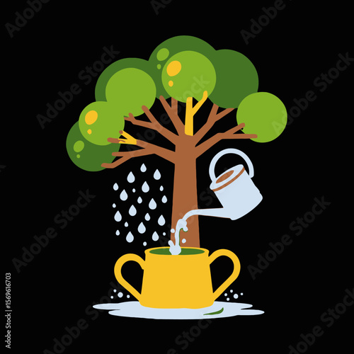 Watering Tree with Watering Can Illustration-A Tree in a Cup being Watered-Nurturing Growth and Nature-Symbolic Image of Care and Cultivation-Gardening Concept