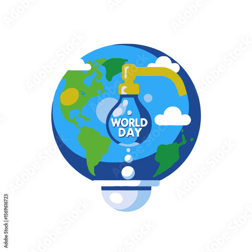 World Day Illustration-Water Conservation and Sustainability Concept-Earth Globe with Water Tap and Cloud-Raising Awareness for World Day-Global Initiative-Water for All