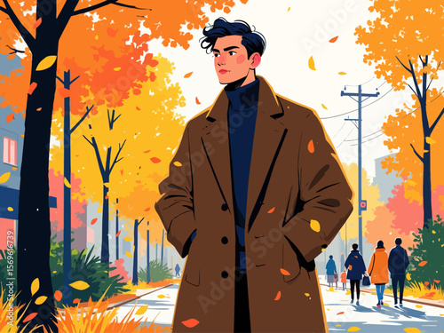 handsome attractive man wearing a structured wool coat in autumn