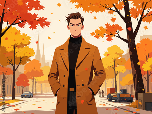handsome attractive man wearing a structured wool coat in autumn