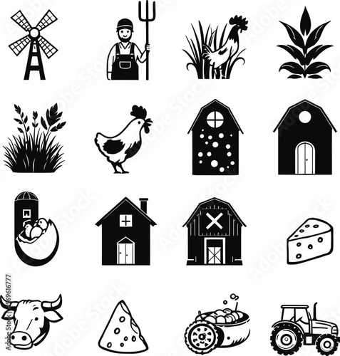 Farm agriculture icons vector illustration set farming windmill farmer chicken barn cow tractor cheese