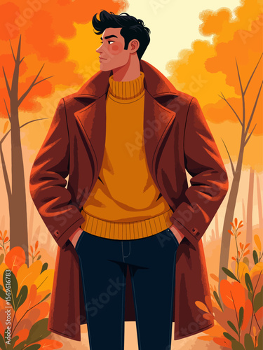 handsome attractive man wearing a structured wool coat in autumn