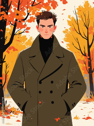 handsome attractive man wearing a structured wool coat in autumn