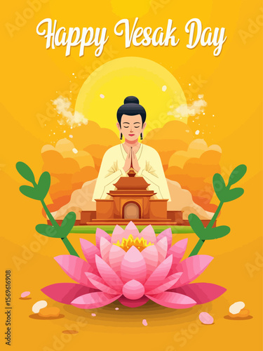 Happy Vesak day greeting card with Buddha, temple, lotus on golden background