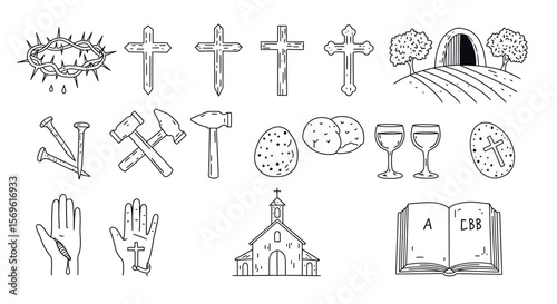 Easter symbols in linear style featuring crosses, chalices, and church elements